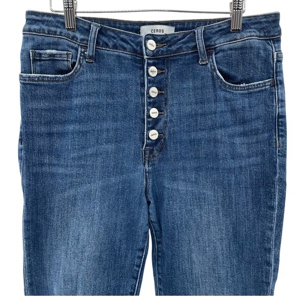 CEROS High Rise Medium Wash Slim Fit Distressed Raw Hem Button Fly Jeans Size 31 - Picture 2 of 9